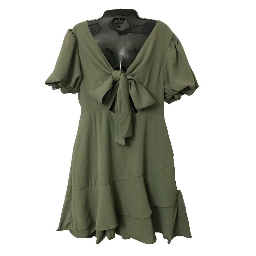Casual Short Puff Sleeve Dress V Neck Tie Knot Front Ruffle Hem GREEN Medium D2